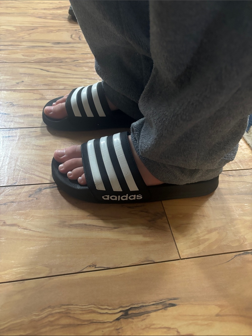 Adidas  Black Slides with White Three-Stripes
